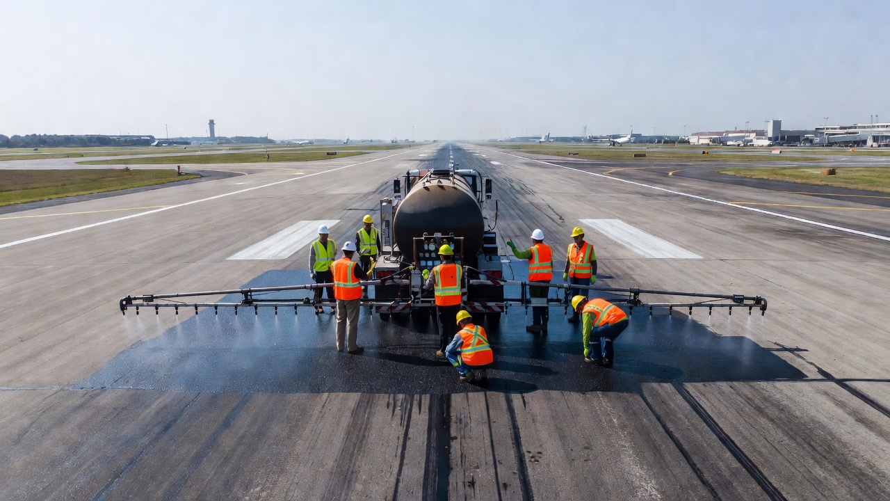 Camion distributeur d'asphalte appliquant un enduit de scellement d'émulsion de bitume noire sur la surface d'une voie de circulation aéroportuaire avec rampe de pulvérisation, scène de chantier