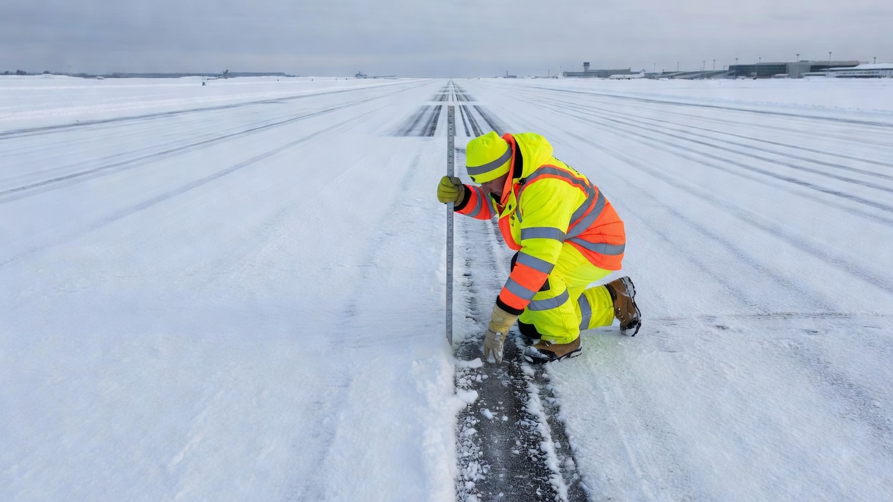Inspecteur de piste aéroportuaire évaluant l'état de la surface d'une piste enneigée lors d'opérations hivernales
