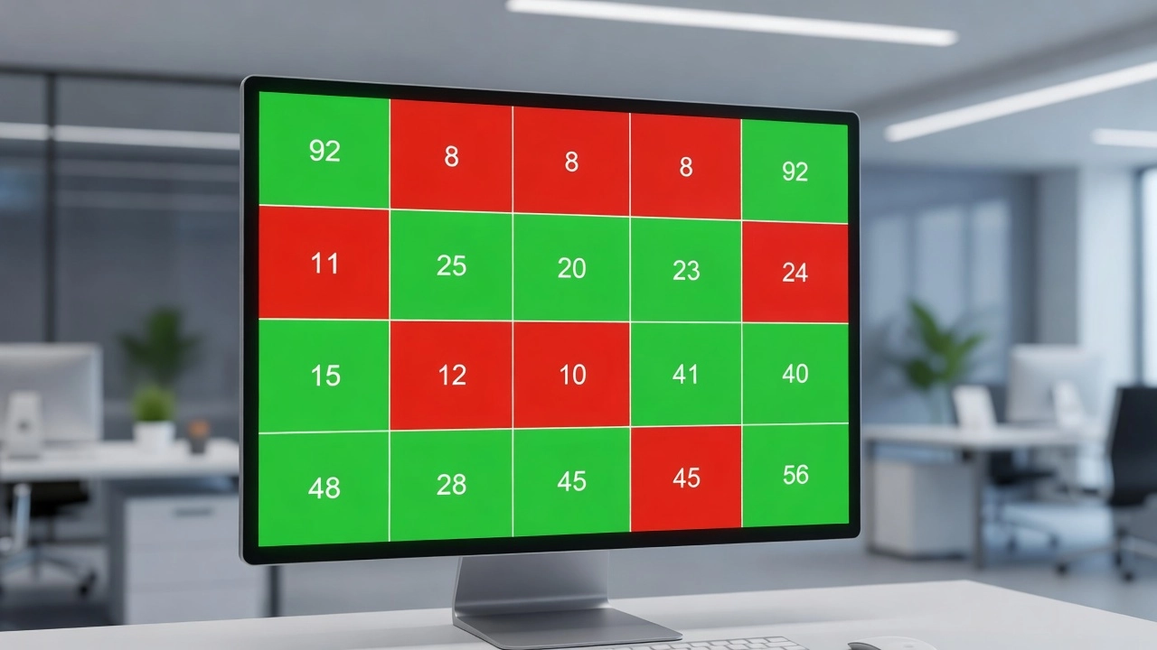 Pracoviště datového analytika zobrazující vizualizaci matice záměn formou teplotní mapy na monitoru počítače se zelenou diagonálou a červenými mimodiagonálními buňkami