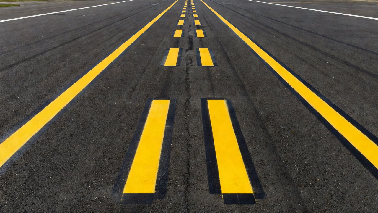 Airport taxiway holding position markings — four yellow lines (two solid, two dashed) on taxiway surface at runway hold point