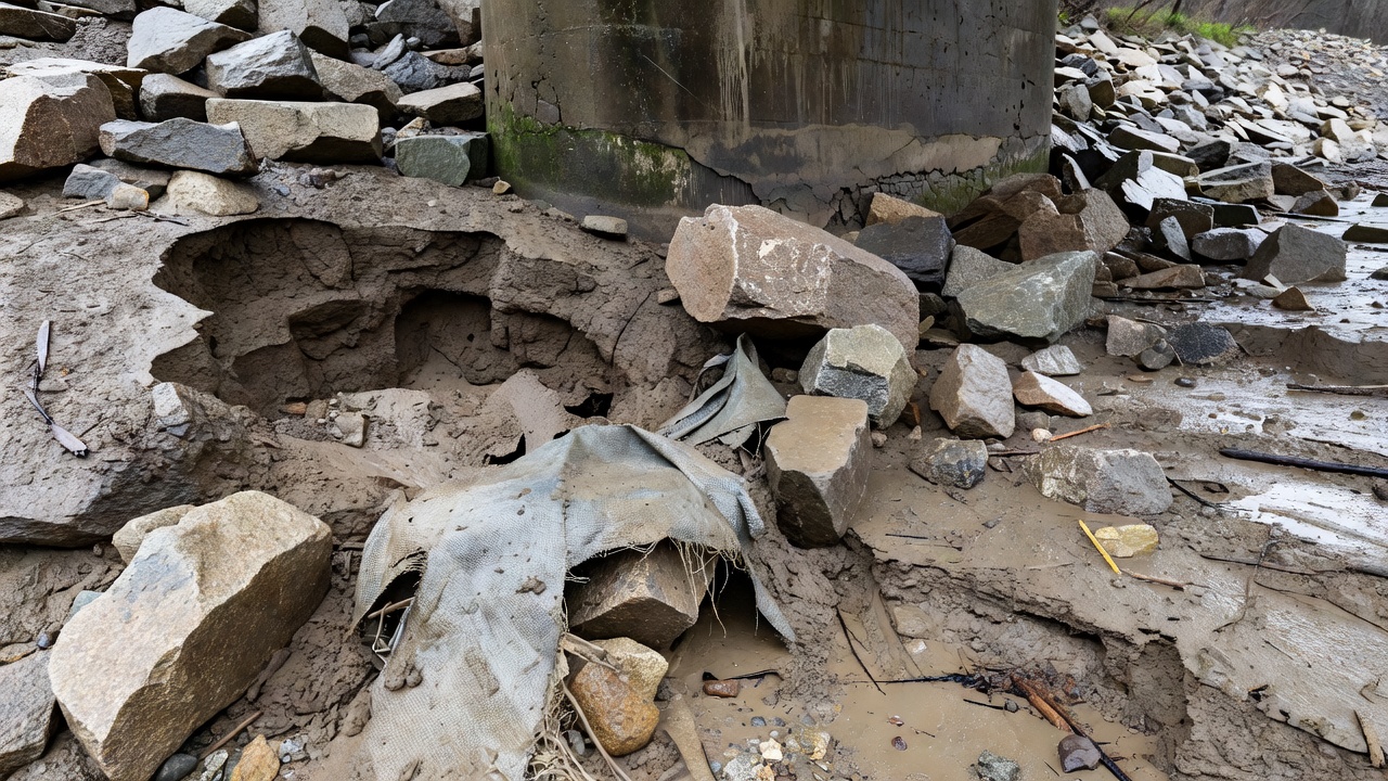 Verschiebung von Steinschüttungssteinen und freigelegter Geotextilfilter nach einem Hochwasserereignis um einen Brückenpfeiler