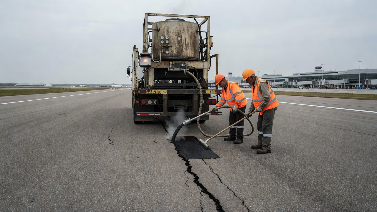 Opération de scellement de fissures de chaussée de piste aéroportuaire avec équipement de fondoir et ouvriers