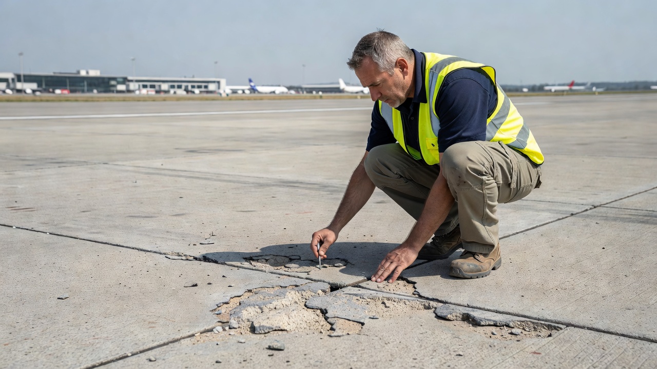 Inspector de pavimento aeroportuario examinando spalling de junta de concreto durante inspección de pista