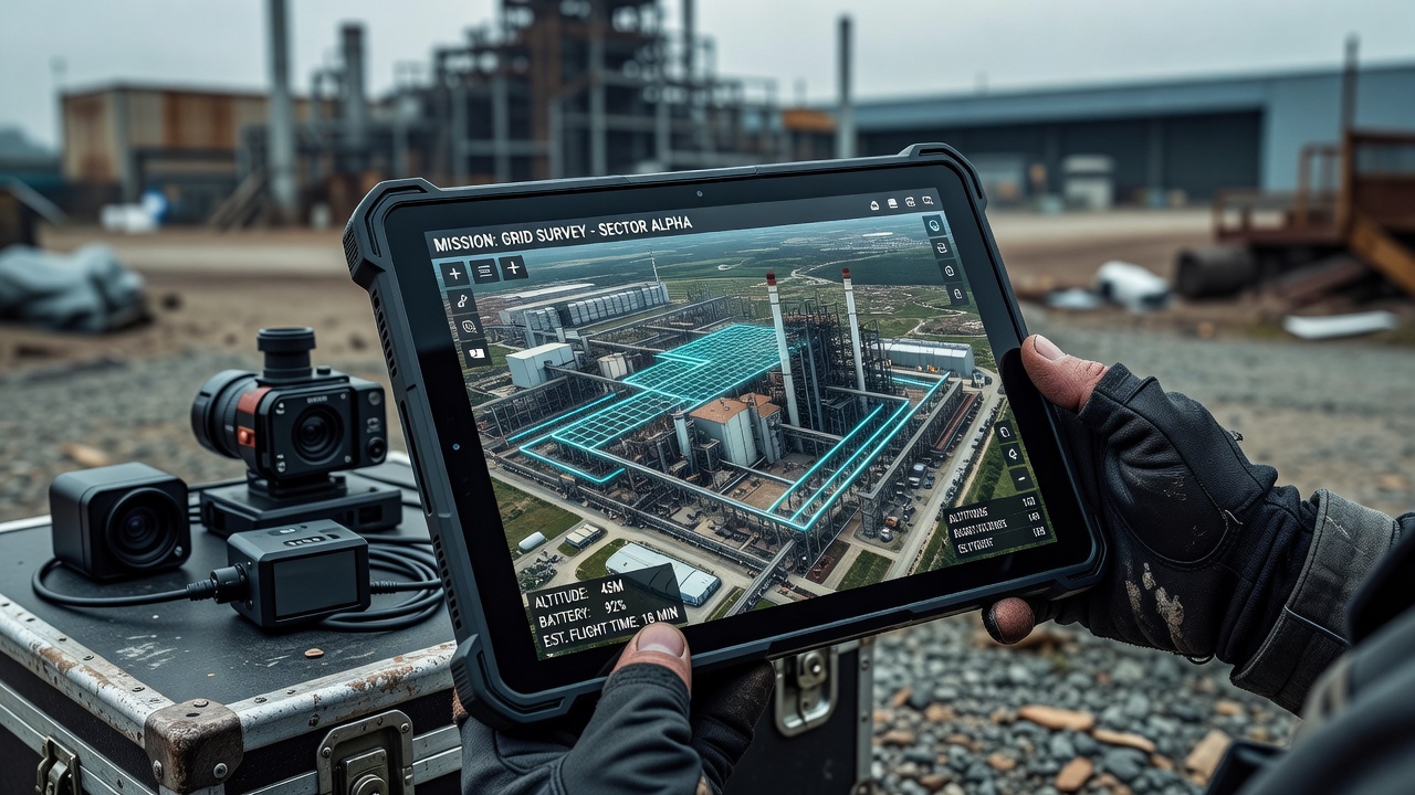 Drohnenpilot mit Tablet und Flugplanungssoftware, die eine Rastermission über einem Industriegelände zeigt