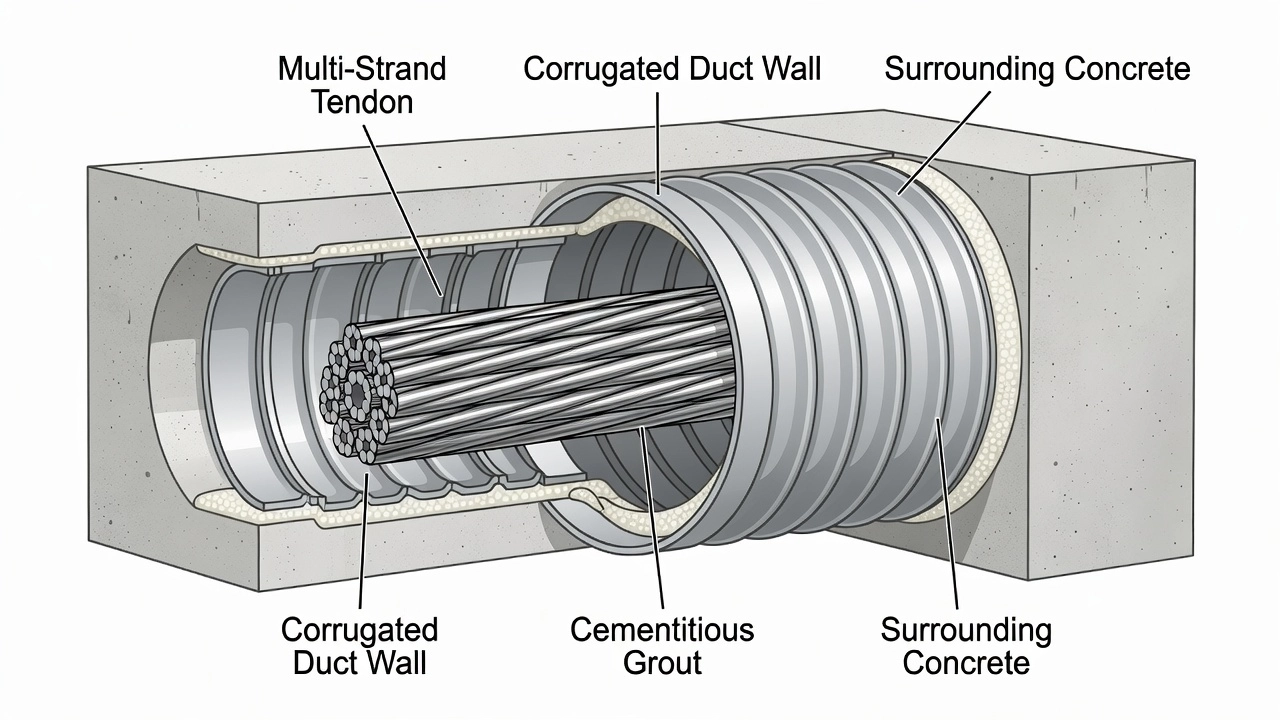 Diagramme en coupe transversale d'une gaine de précontrainte montrant un câble multi-torons avec un coulis cimentaire remplissant les espaces interstitiels