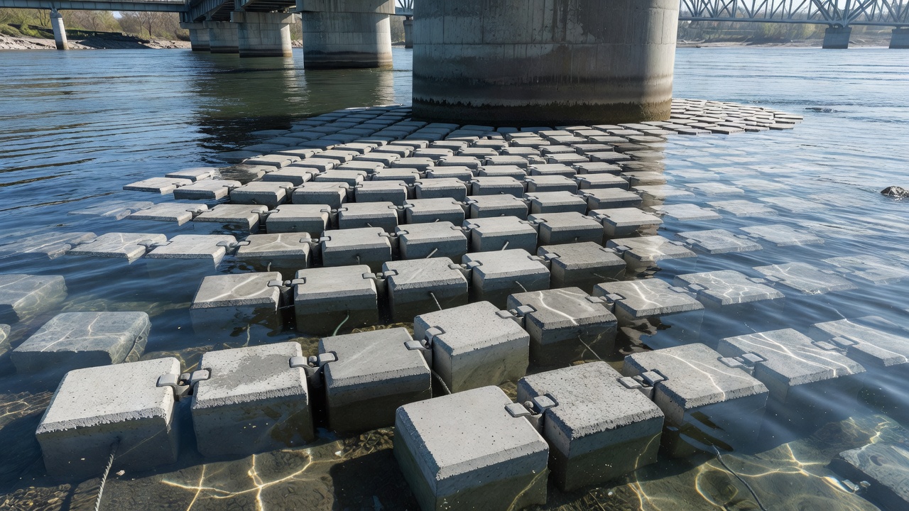 Beton-Gelenkmatten-System, das um ein Brückenpfeilerfundament zum Kolkschutz installiert wurde