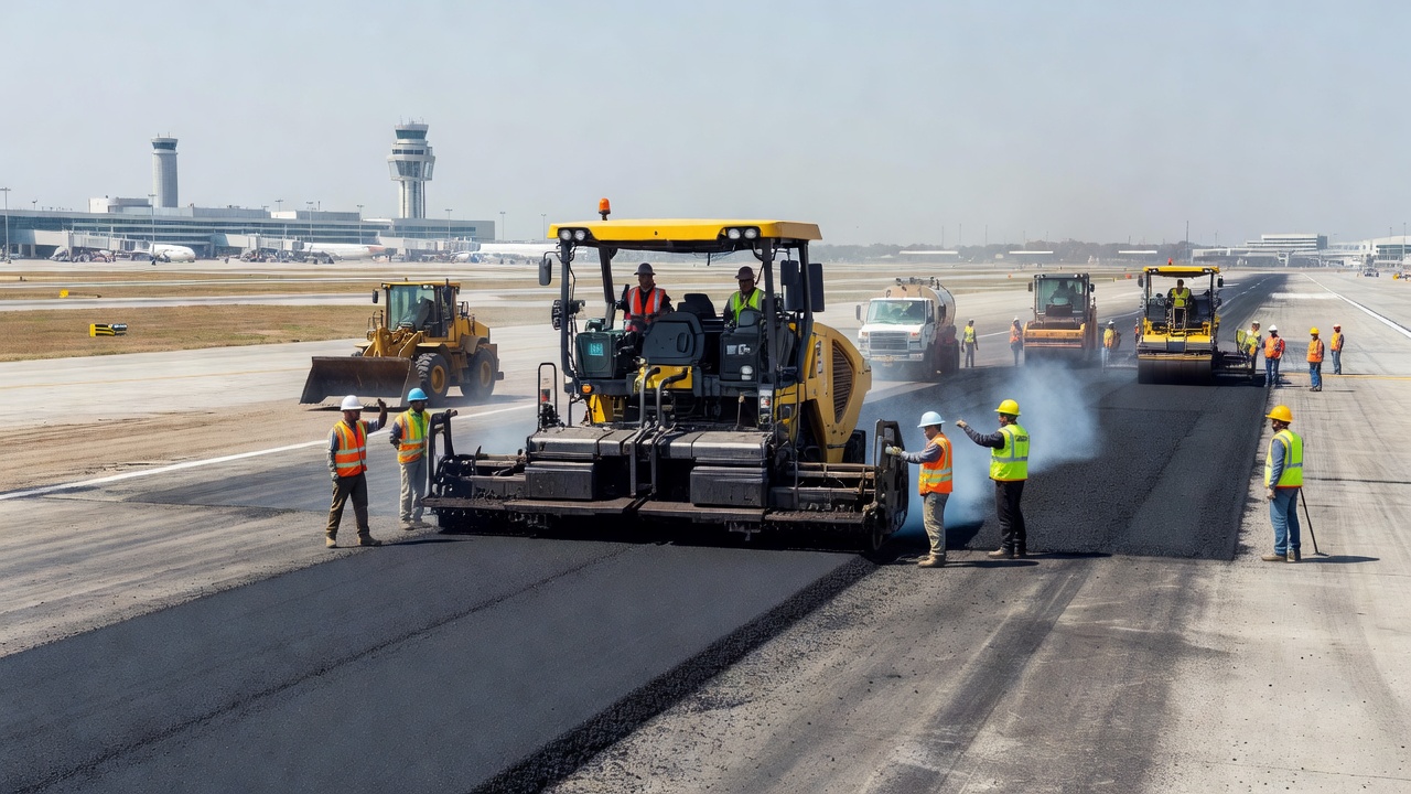 Revêtement bitumineux de piste d'aéroport avec des engins de construction lourds mettant en place de l'enrobé à chaud sur un aérodrome