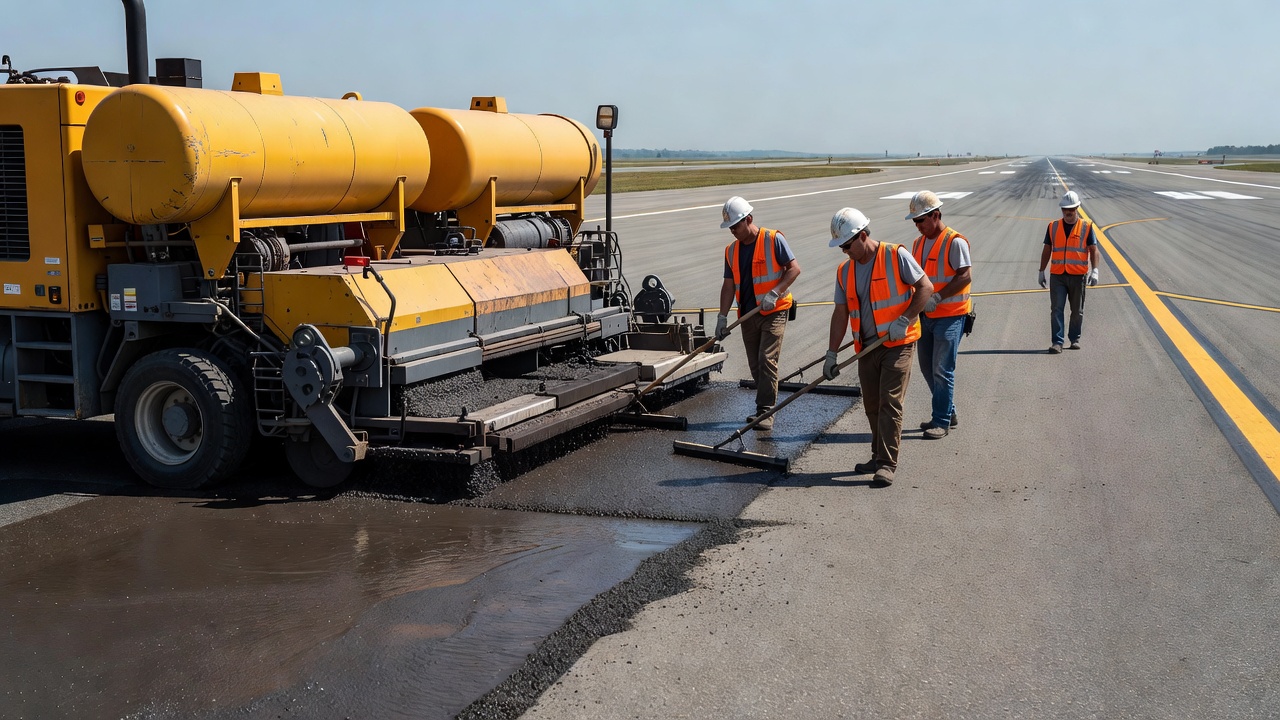 Máquina pavimentadora continua de microsurfacing aplicando lechada modificada con polímeros en una calle de rodaje aeroportuaria