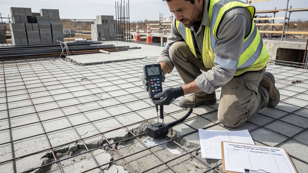 Technicien en construction utilisant un couvremètre portatif pour scanner la surface d'une dalle en béton afin de mesurer la profondeur du treillis soudé