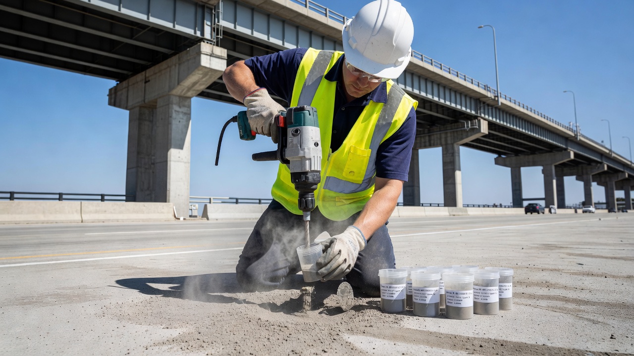 Ingénieur en génie civil prélevant des échantillons de béton en poudre sur un tablier de pont pour l'analyse de la teneur en chlorures à l'aide d'un marteau perforateur rotatif