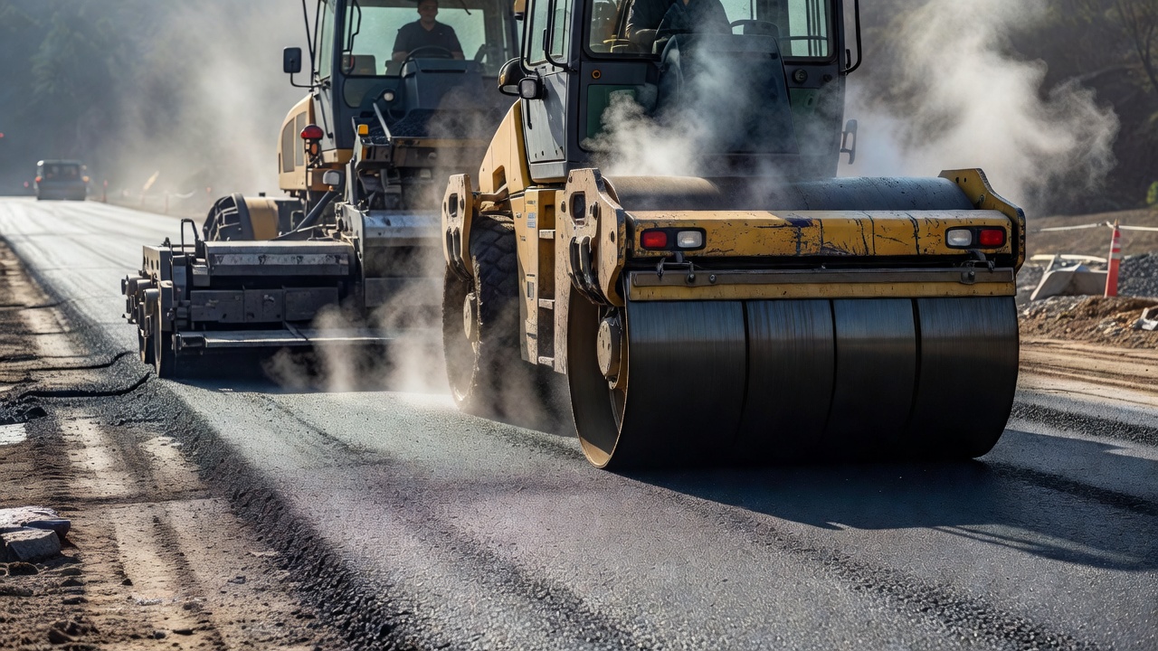 Asphaltfertiger mit automatischem Gradregelsystem und Mittelwertbalken für den Einbau der Ausgleichsschicht
