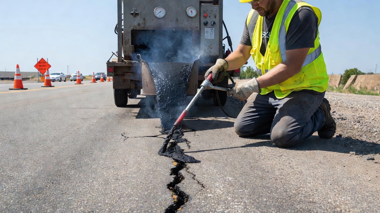 Application de mastic coulé à chaud sur une fissure de chaussée à l'aide d'une lance chauffante