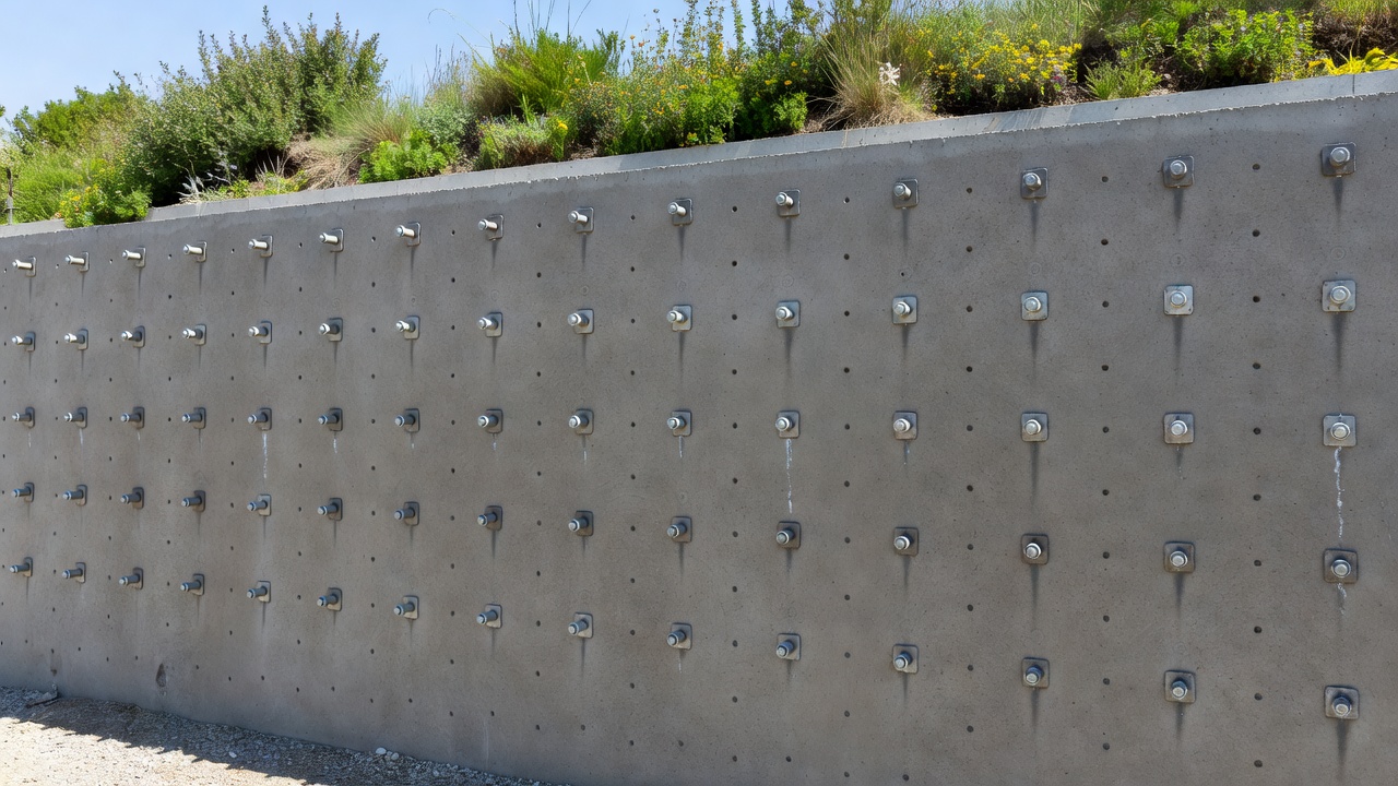 Mur en sol cloué terminé avec parement en béton projeté, plaques d'appui et barbacanes de drainage
