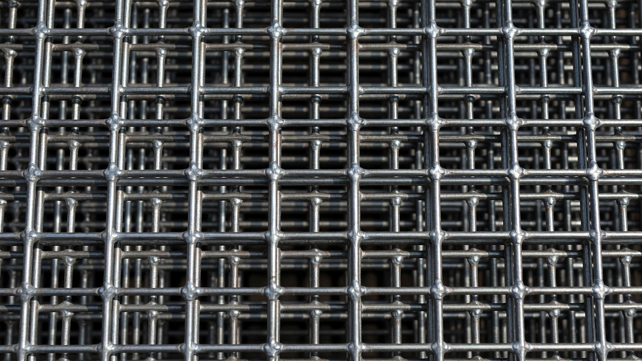 Gros plan du motif du treillis soudé montrant des fils d'acier qui se croisent et sont soudés aux intersections, la structure en grille étant visible