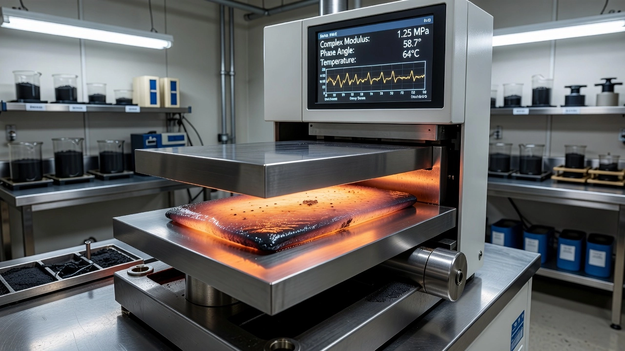 Dynamisches Scherrheometer DSR in einem Asphaltprüflabor mit Plattengeometrie und glühender oranger Asphaltbindemittelprobe