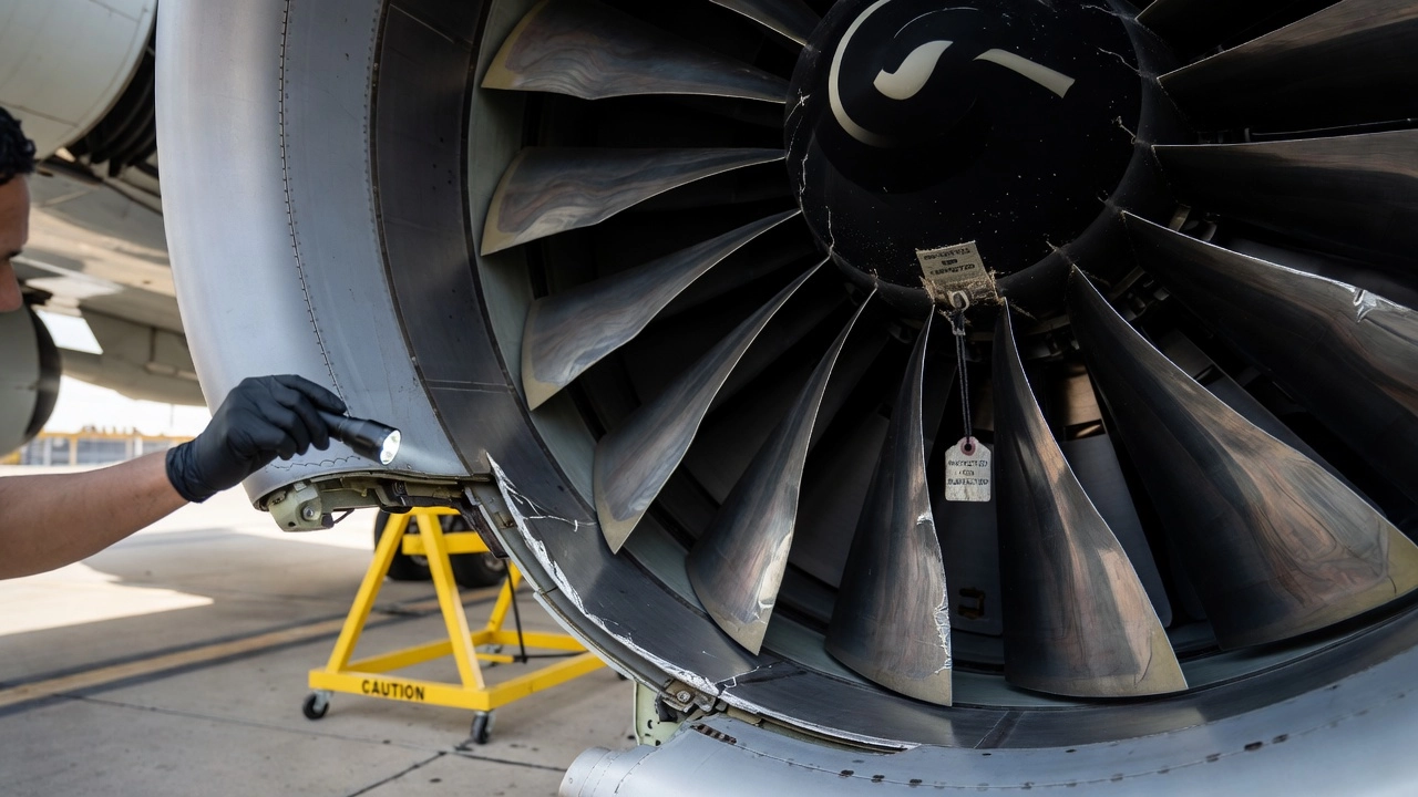 Photographie en gros plan d'une entrée de moteur à réaction montrant des dommages FOD avec des aubes de compresseur entaillées et déformées suite à l'ingestion de débris lors d'une inspection de maintenance