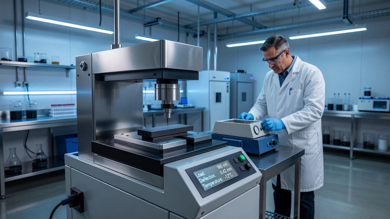 Biegebalkenrheometer BBR in einem Asphaltlabor mit temperaturgesteuertem Fluidbad und Datenerfassungssystem