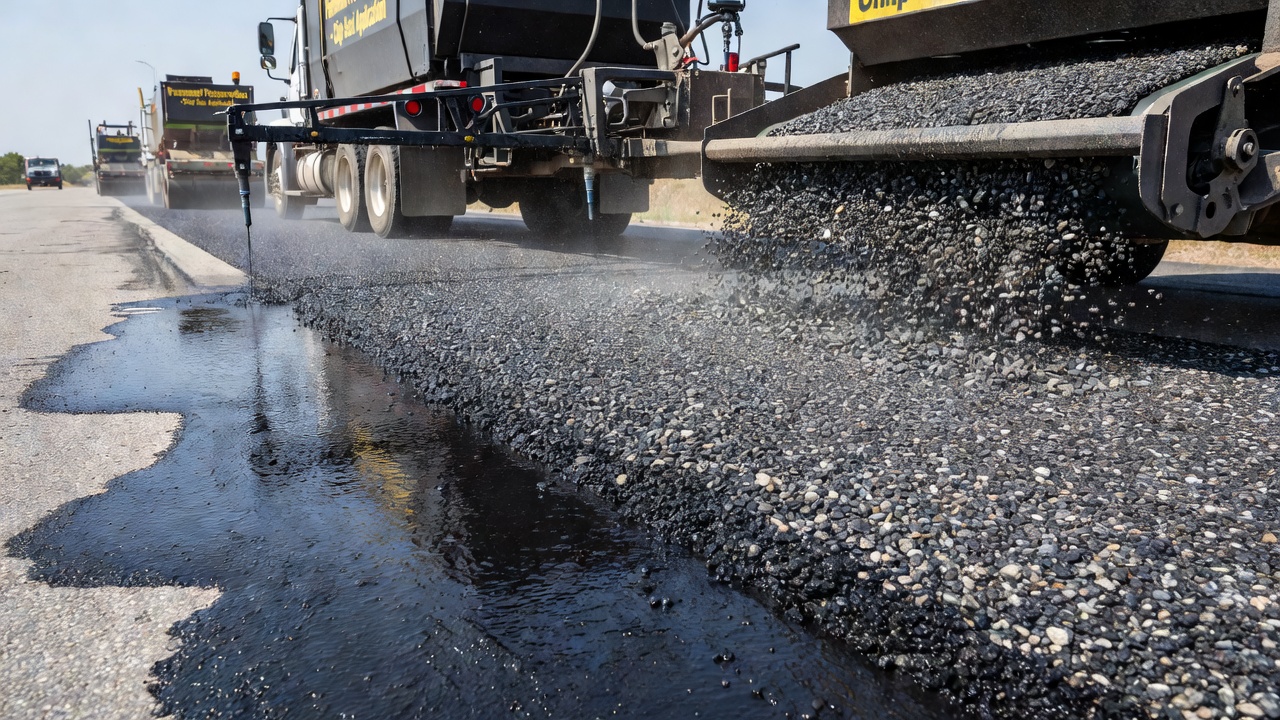 Application de gravillonnage sur une surface de route asphaltique montrant une couche de granulats concassés en cours de répandage sur du liant bitumineux noir avec des équipements de chantier
