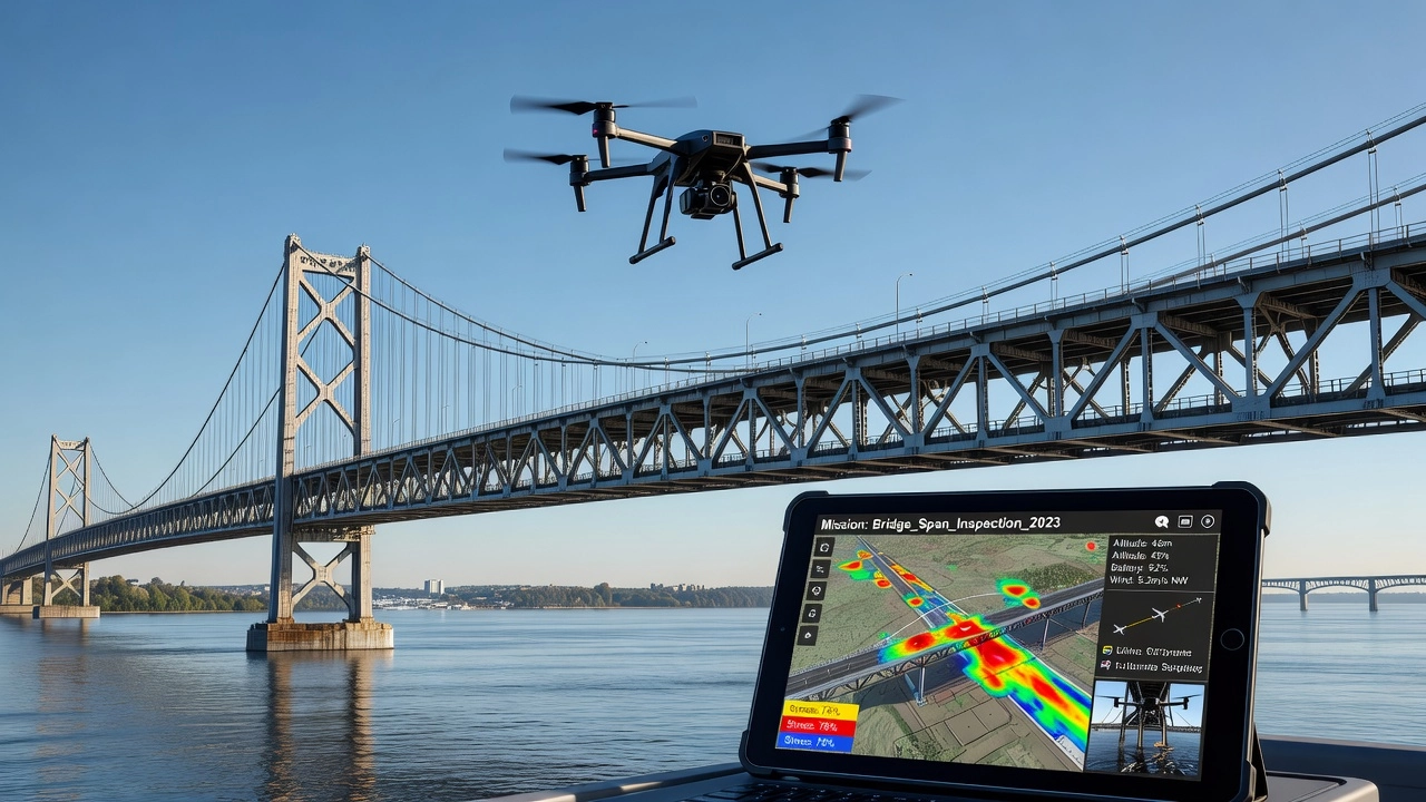 Drohne, die über eine große Brücke zur Infrastrukturinspektion fliegt
