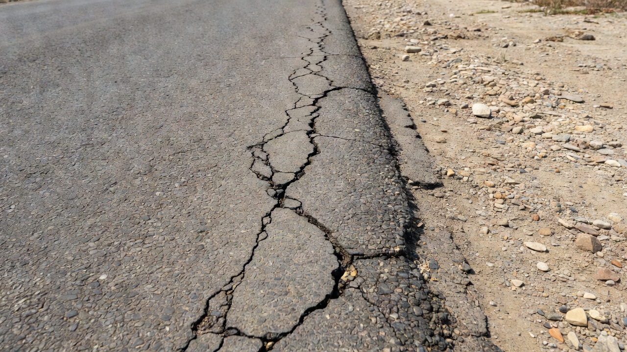 Edge cracking on asphalt pavement showing crescent-shaped cracks within 0.6 meters of the pavement edge adjacent to an unpaved gravel shoulder