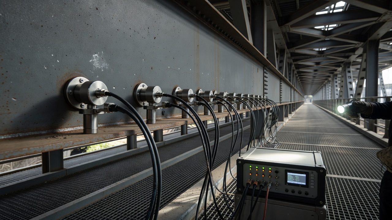 Acoustic emission sensor array installed on a steel bridge girder with piezoelectric sensors mounted using magnetic clamps along the bottom flange connected to data acquisition system