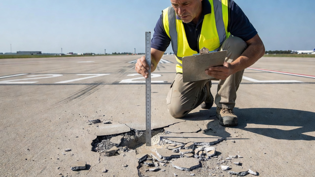 Pavement inspector documenting concrete scaling damage on airfield pavement using measuring scale and inspection forms
