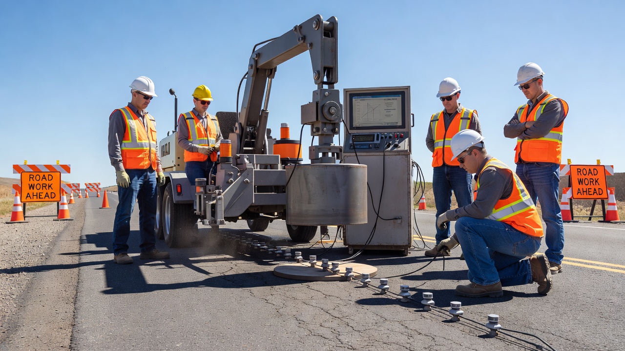 Remorque d'essai au déflectomètre à masse tombante (FWD) sur une route asphaltée lors de l'évaluation structurelle