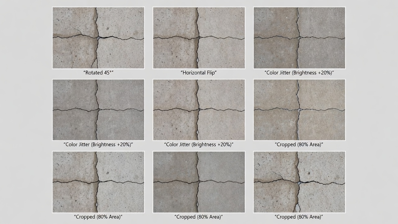 Visualisation de données d'entraînement d'apprentissage automatique montrant plusieurs versions augmentées d'images de fissures de béton disposées en grille