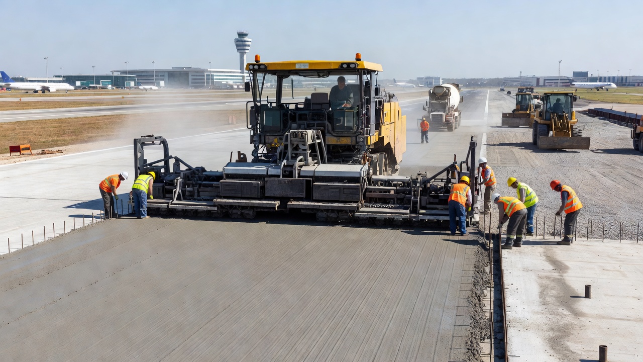 Construction de chaussée en béton d'aéroport avec finisseur à béton et équipe de chantier