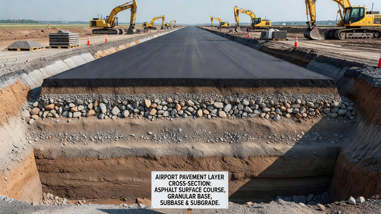 Coupe transversale d'une structure de chaussée aéroportuaire montrant la surface en enrobé, la couche de base granulaire, la couche de fondation et les couches de sol support