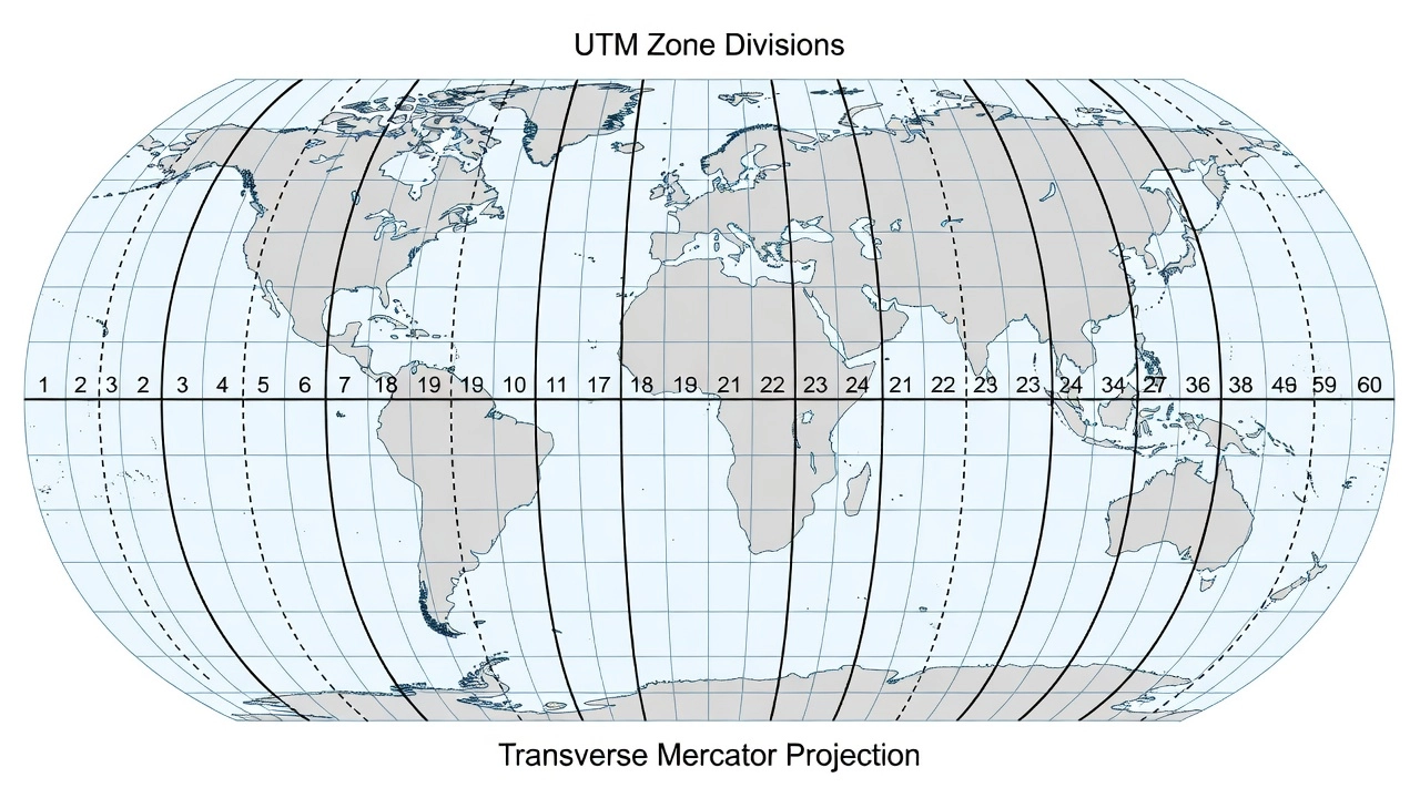 Zones de la grille UTM divisant la Terre en 60 sections verticales, chacune large de 6 degrés, avec les numéros de zone 1 à 60, montrant le cylindre de projection Transverse Mercator enroulé autour du globe
