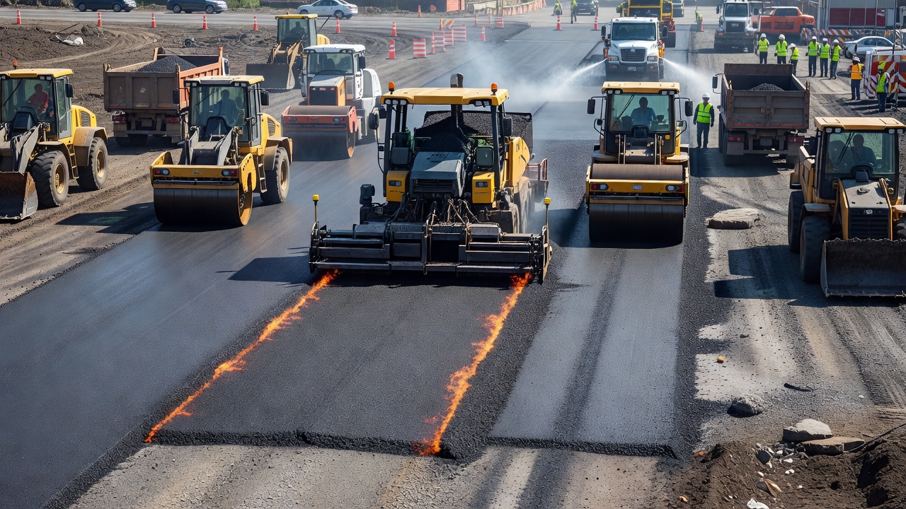 Construction de chaussée asphaltique avec des engins lourds posant de l'enrobé bitumineux à chaud sur une route, scène de construction de génie civil