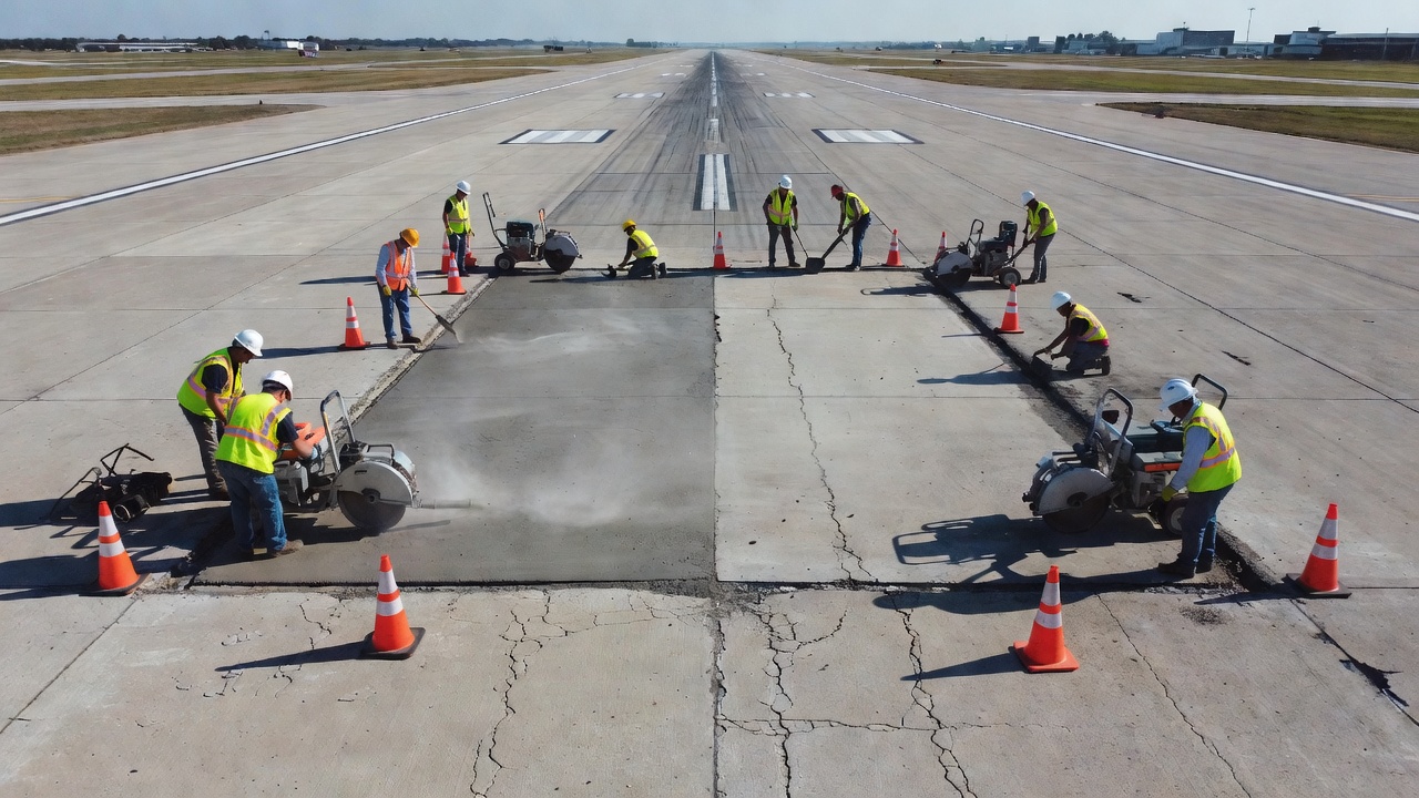Opération de rafistolage partiel du béton sur piste aéroportuaire avec périmètre scié et préparation de surface