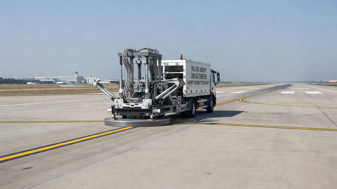 Véhicule d'essai Falling Weight Deflectometer sur une piste aéroportuaire avec le plateau de charge sur la surface de la chaussée