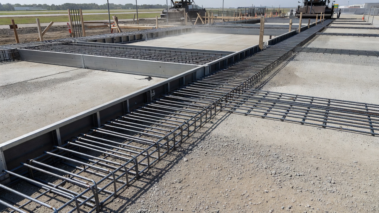 Construction of concrete pavement showing dowel bar baskets and reinforcement installed across a transverse joint form before concrete pouring