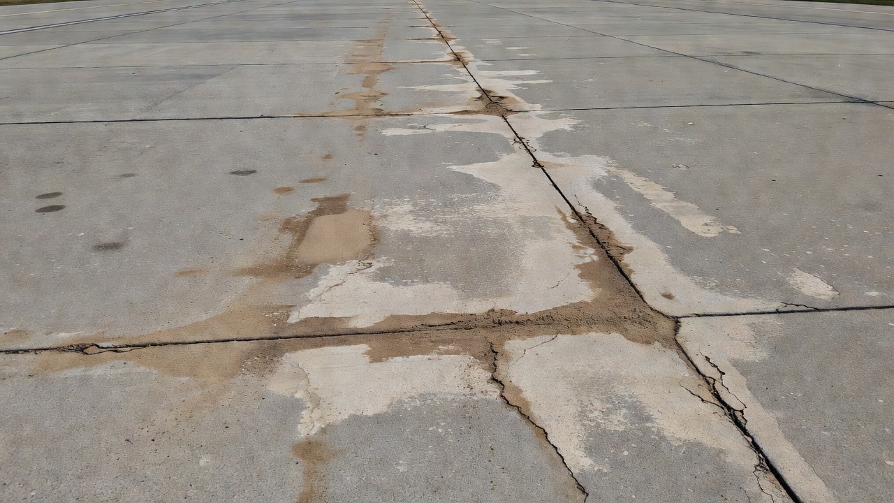 Surface de chaussée en béton montrant plusieurs joints avec coloration due au pompage et dépôts de fines provenant de l'érosion de la fondation