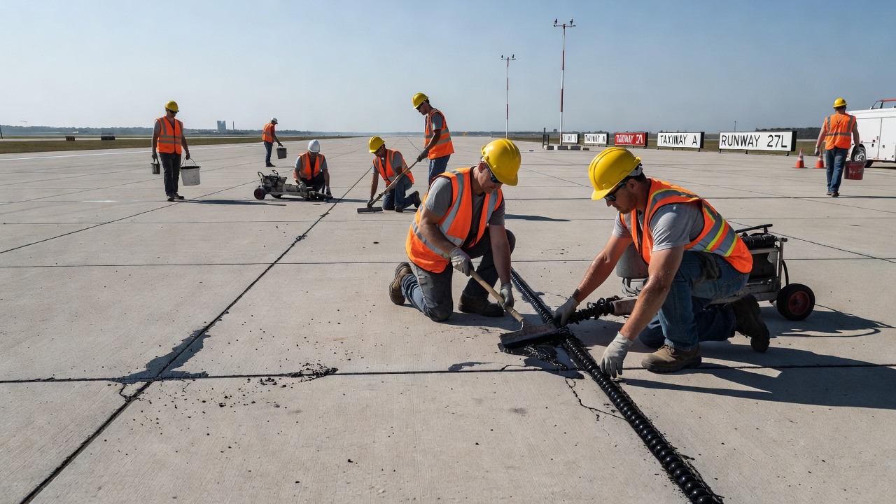 Airport runway pavement with joint sealant installation on concrete panels