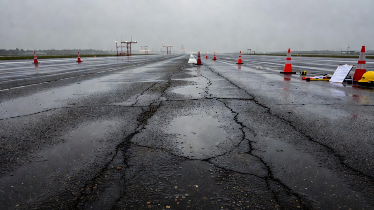 Surface de piste d'aéroport en asphalte sous la pluie avec des flaques d'eau et une texture de chaussée mouillée montrant des fissures visibles