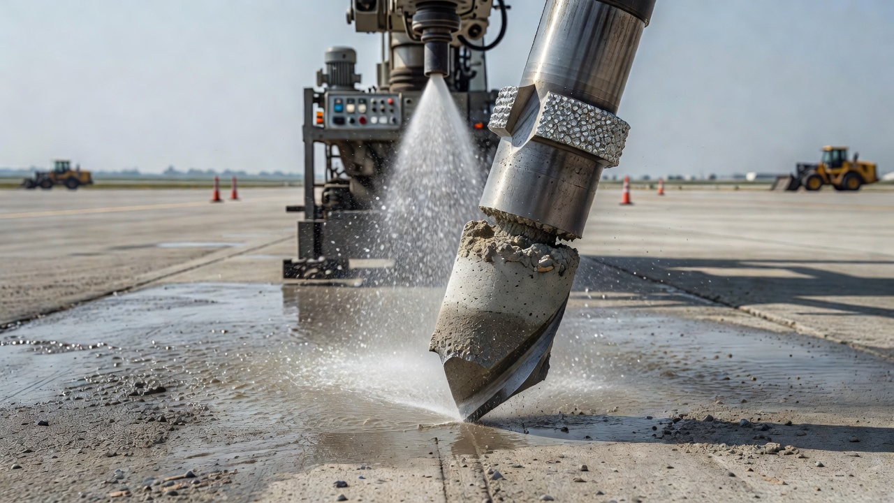 Trépan de carotteuse diamanté coupant une chaussée en béton avec pulvérisation d'eau de refroidissement