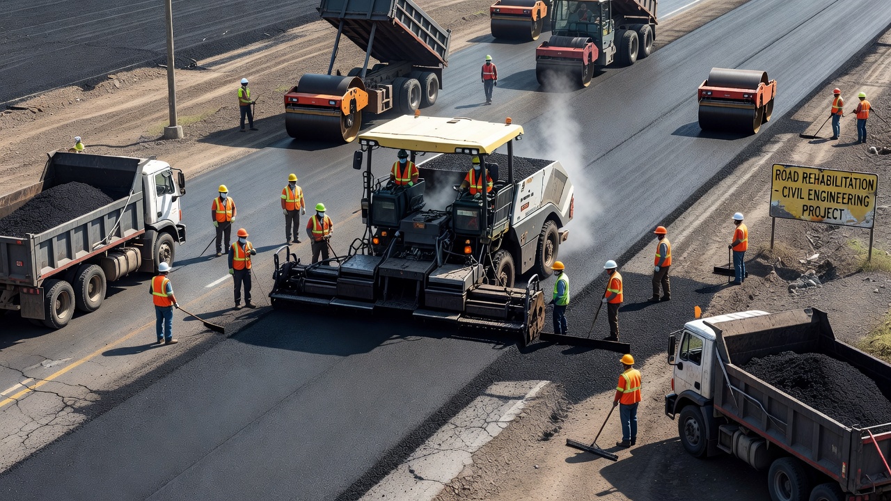 Finisseur d'asphalte posant un nouveau rechargement en enrobé bitumineux à chaud sur une route existante avec des rouleaux de compactage