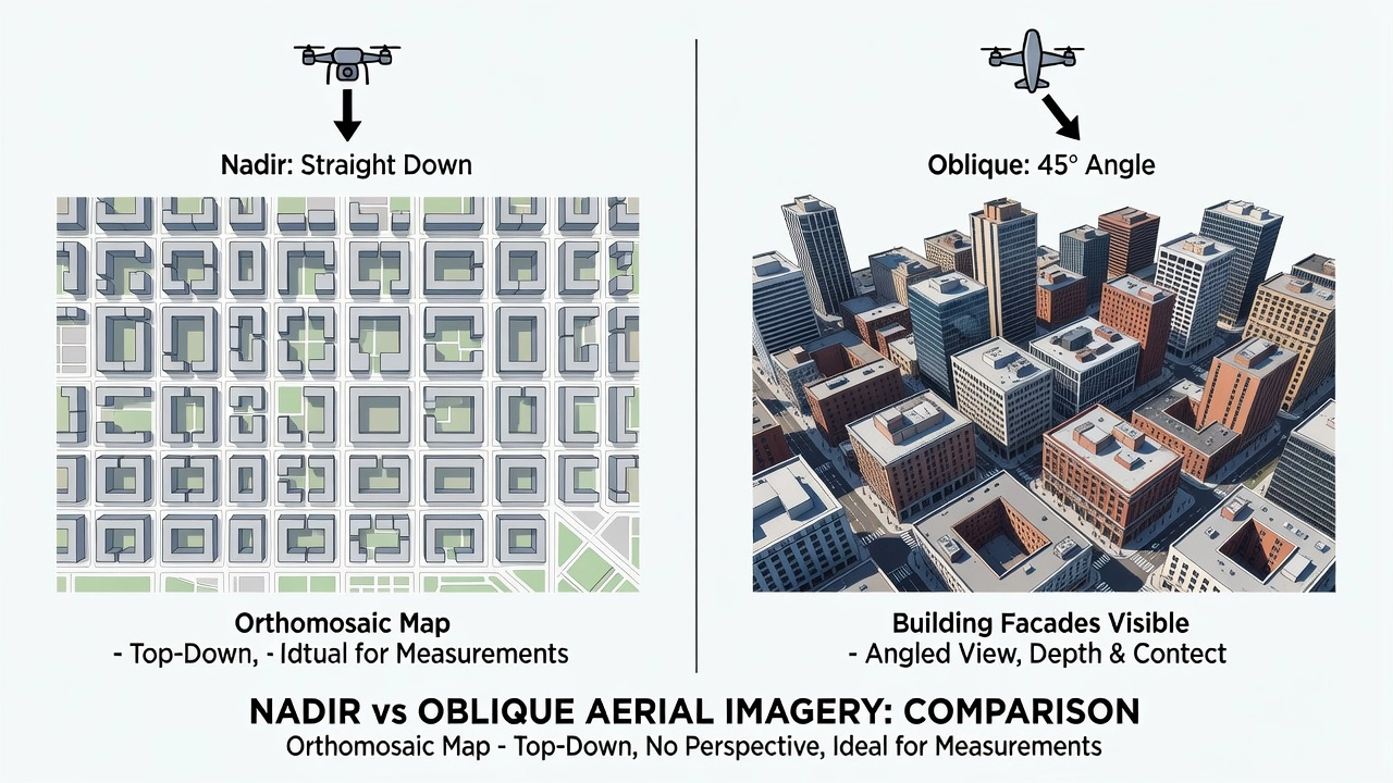 Comparaison technique montrant l'orientation de la caméra nadir (directement vers le bas, 90 degrés) par rapport à l'orientation oblique (angle de 45 degrés) pour la cartographie aérienne