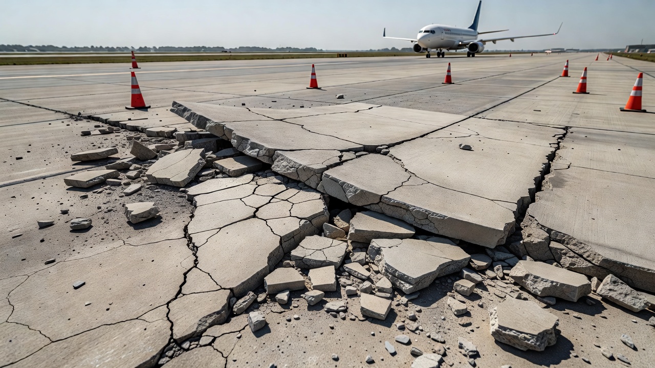 Photographie grand angle d'une chaussée en béton de piste d'aéroport avec des dommages sévères par ressort au niveau d'un joint transversal montrant du béton éclaté et des cônes de sécurité