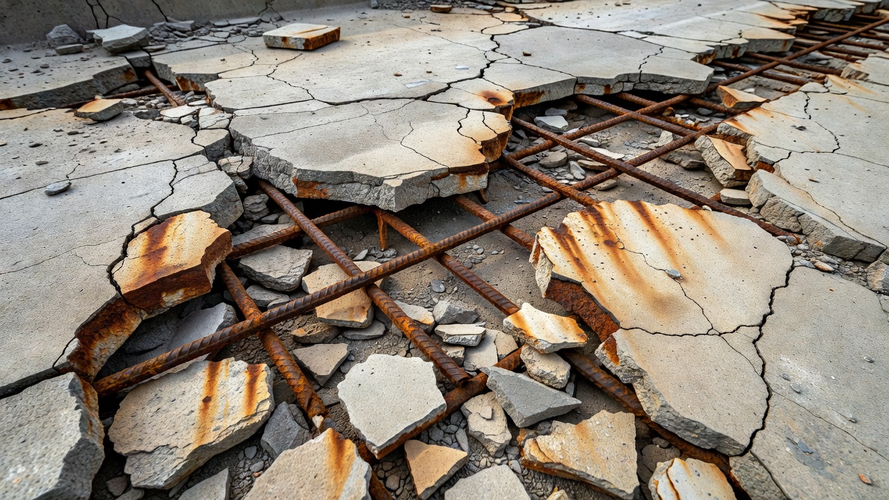 Éclatement sévère du béton et armatures corrodées exposées sur un tablier de pont en béton armé endommagé par la corrosion induite par les chlorures