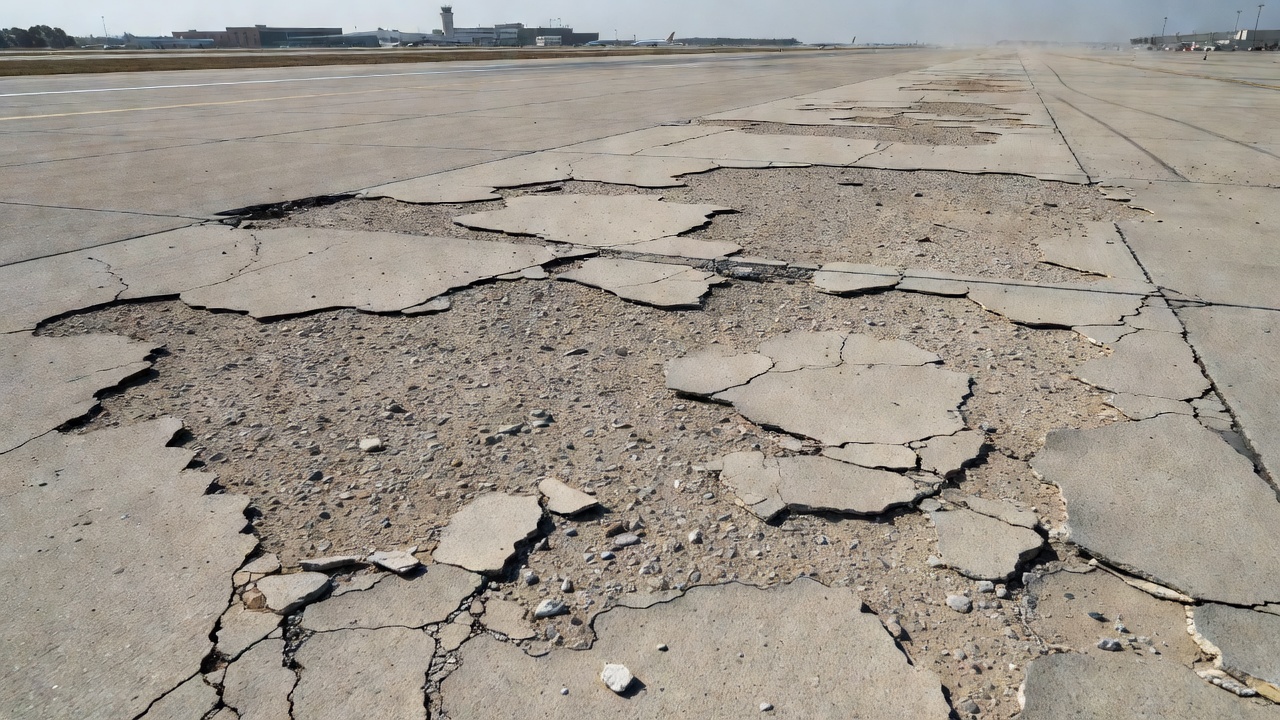 Severe concrete scaling on an airport runway pavement surface showing exposed coarse aggregate and rough deteriorated surface texture