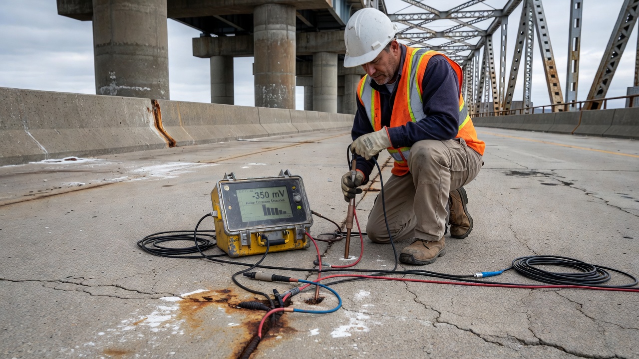 Technician performing half-cell potential corrosion testing on concrete bridge deck surface