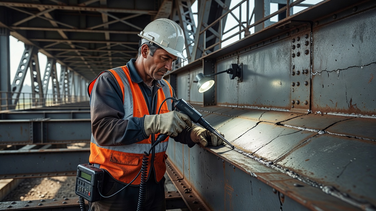 Bridge inspector performing eddy current testing on a steel bridge girder using a handheld probe and flaw detector instrument
