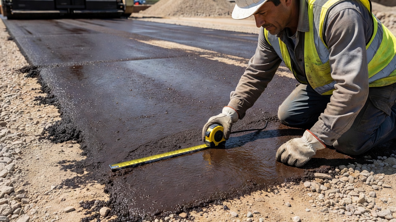 Ouvrier inspectant la couche d'imprégnation durcie sur une surface de base granulaire
