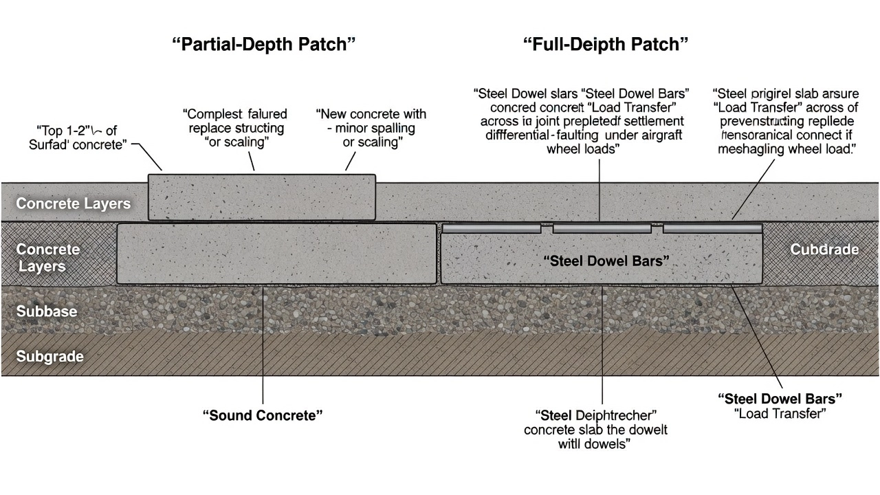 Diagramme technique en coupe transversale comparant les techniques de réparation partielle et totale du béton