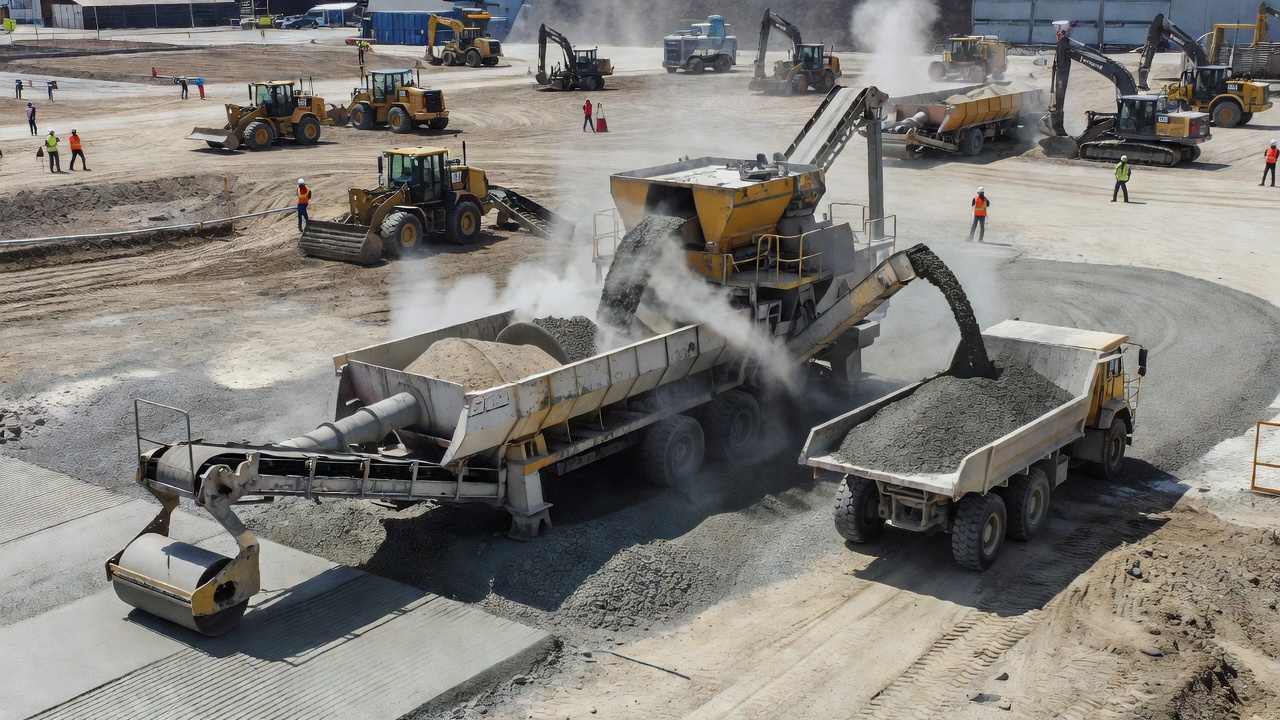 Continuous mixing pugmill plant producing RCC concrete mix for pavement construction