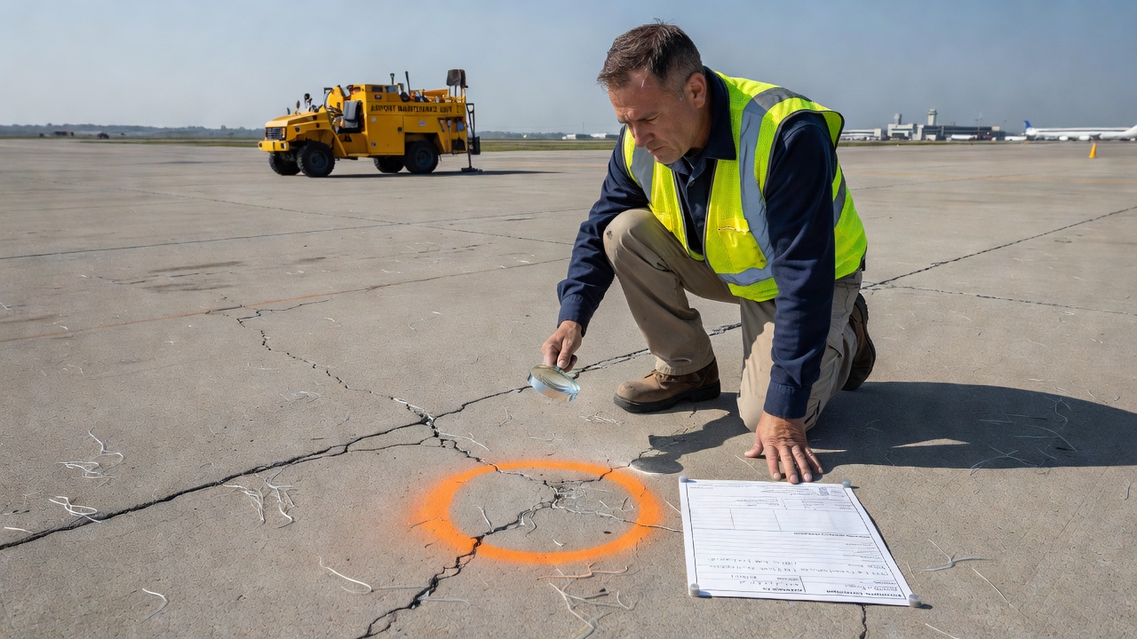 Engineer inspecting fiber reinforced concrete airport pavement surface with visible fibers